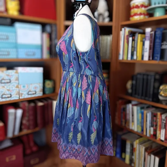 Modcloth "Bijou Joys" Peacock Print Sleeveless Fit And Flare Midi Dress Pockets - Picture 5 of 12